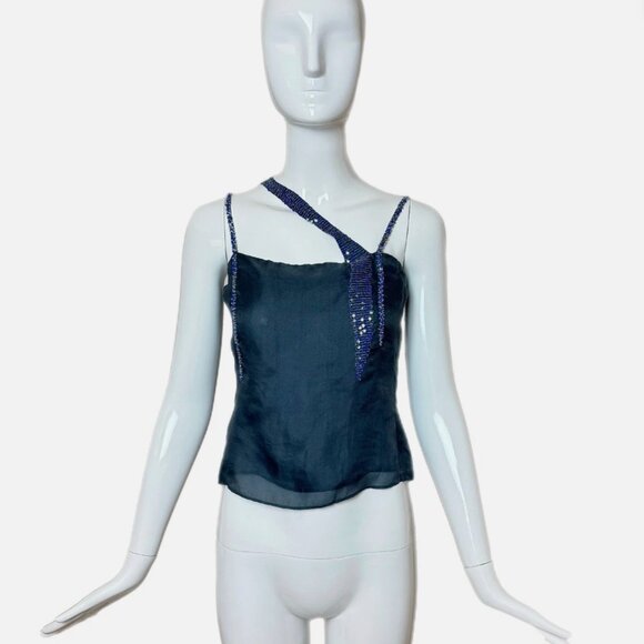 EMPORIO ARMANI 1999 Vintage Blue Silk Beaded Cami Blouse Runway Style - Picture 2 of 7